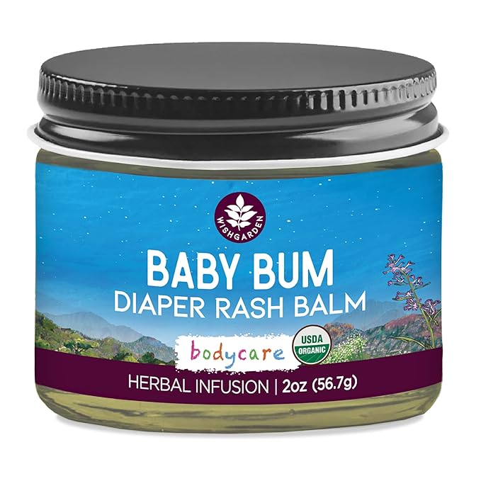WishGarden Herbs Baby Bum Diaper Rash Balm - USDA Certified Organic Bum Balm w/Calendula & Plantain, Plant-Based Ointment Hydrates & Soothes Baby's Delicate Skin, Cloth Diaper Friendly, 2oz