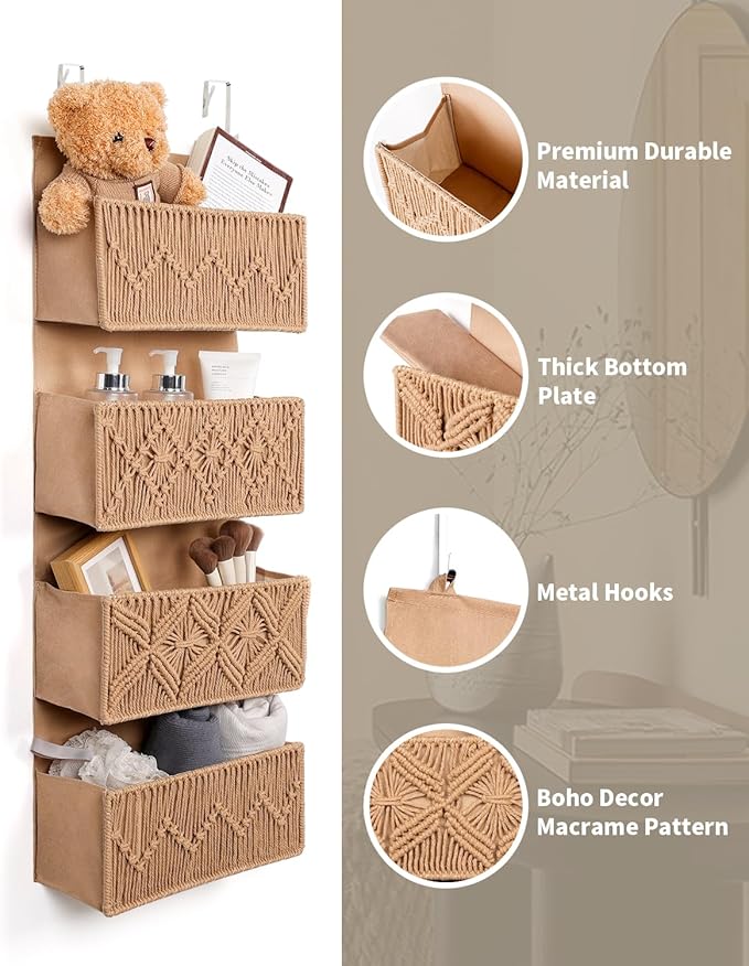 ANTIS'S HOME Nursery Over The Door Organizer Boho Decor Nursery Storage with 4 Large Woven Pockets, Macrame Nursery Organizers and Toys Storage, Behind Door for Bathroom, Bedroom, Brown