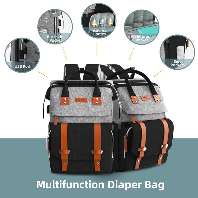 Diaper Bag Backpack with Changing Station, Large Diaper Bag, Baby Bag, Multifunctional Diaper Bag, GreyBlack