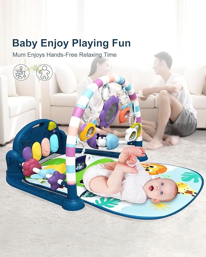 dearlomum Baby Play Mat Gym,Funny Play Piano Tummy Time Activity Mat with 5 Infant Sensory Toys & 4 Wrist Rattle Socks, Boy & Girl Gifts for Newborn 0 to 3 6 9 12 Months(Blue)