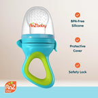 RaZbaby Baby Solids/Frozen Fruit Feeder Pacifier, Infant Teether Toy 6M+, BPA-Free, Safely Introduce Solids, Natural Teething Relief, Dishwasher Safe, Freezable – Blue & Orange 2-Pack