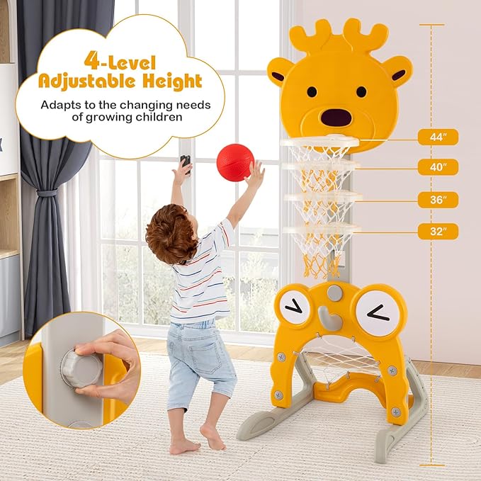 Costzon Toddler Basketball Hoop, 4-in-1 Kids Sports Activity Center with Rim, Soccer Goal, Golf, Ring Toss, Height Adjustable Kids Basketball Hoop with Fillable Base for Indoor Outdoor (Yellow Deer)