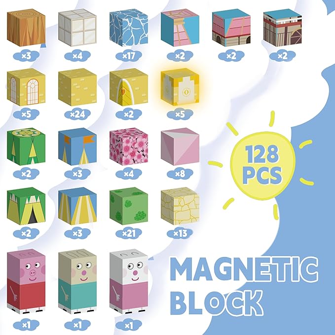 Magnetic Blocks 128 PCS Magnetic Building Blocks Cubes Gift Set for Girls and STEM Learning Preschool Learning Construction Toys