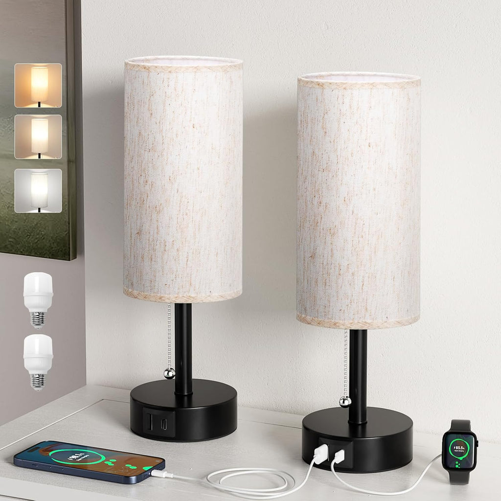 USB Bedside Table Lamps Set of 2-3 Color Temperatures Pull Chain Lamp with USB C and A Charging Ports, Round Night Stand Lamps for Bedroom