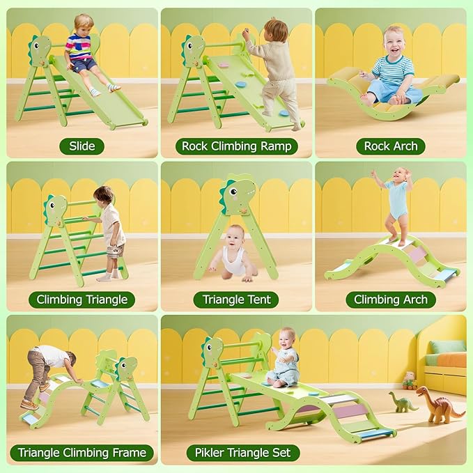 Pikler Triangle Set with Cushion 9 in 1, Climbing Toys for Toddlers Inside, Foldable Wooden Climbing Toys Indoor Jungle Gym Montessori Climbing Set for Toddler 1-3 in Home and Daycare