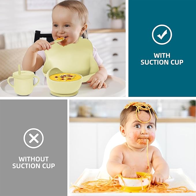 100% Silicone Baby Feeding Set,BPA Free Baby Dishes Set with Suction Bowl Divided Plate,Toddler Self Feeding Dish Set with Spoons Forks Sippy Cup and Bib, Baby Eating Utensils (Yellow)