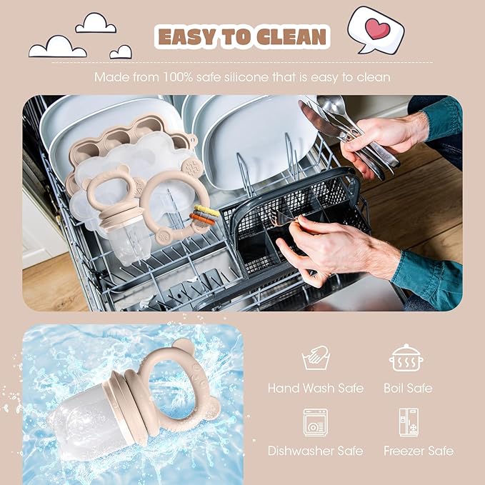 Baby Fruit Food Feeder & Breastmilk Popsicle Molds for Teething Relief, Baby Feeding Sets, 1 Freezer Tray with Lid & 1 Teether Toy & 1 Silicone Teething Pacifier Feeder, Extra Food Pouches (Beige)