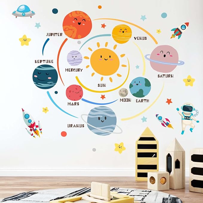 Outer Space Planets Wall Decals - Astronaut Rocket Boys Wall Stickers - Baby Nursery Kids Room Daycare Playroom Wall Decor