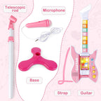 deAO Kids Guitar and Microphone Set with Stand Adjustable Height Music Light Karaoke Music Toys Christmas Birthday Gift for Kids Boys Girls (Pink)
