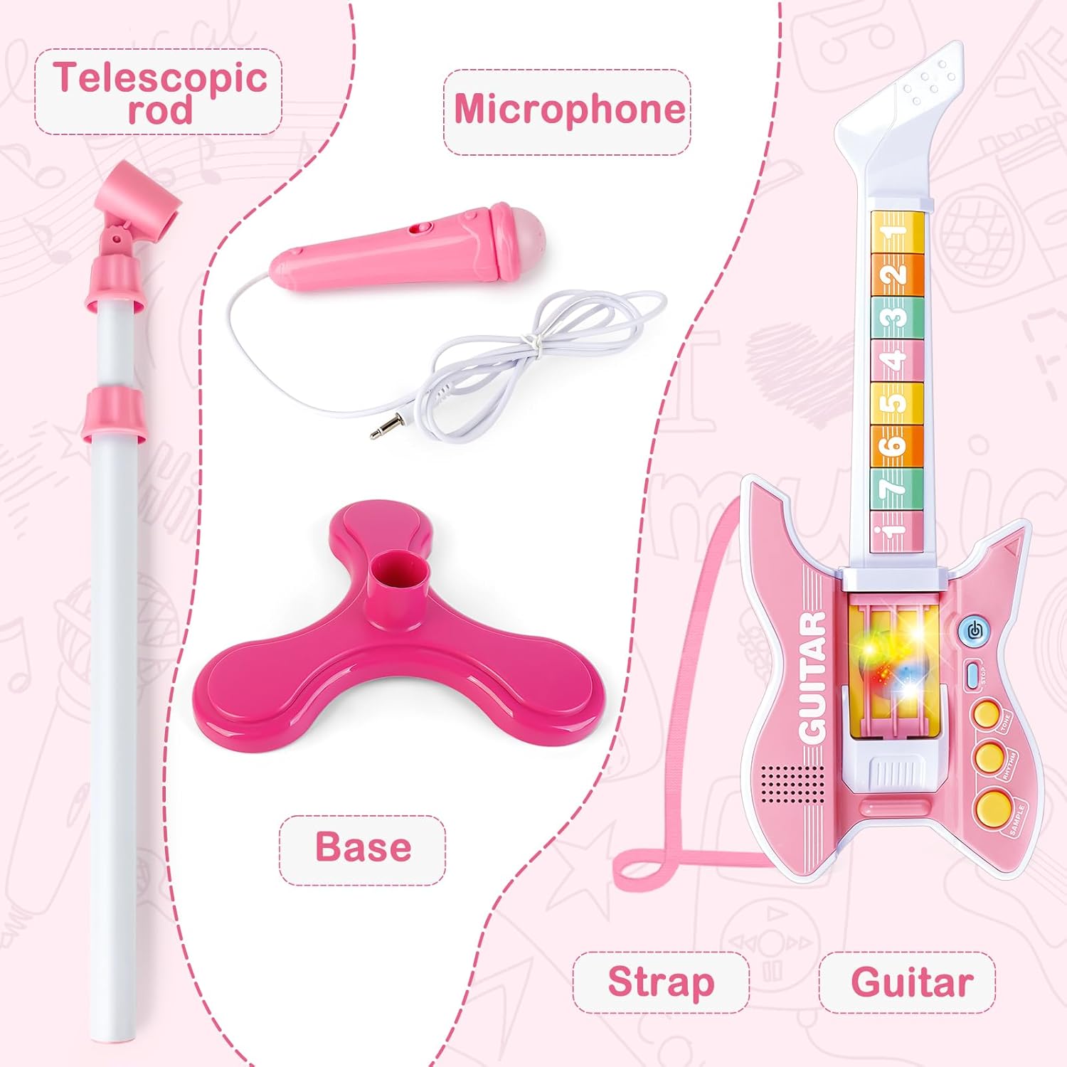 deAO Kids Guitar and Microphone Set with Stand Adjustable Height Music Light Karaoke Music Toys Christmas Birthday Gift for Kids Boys Girls (Pink)