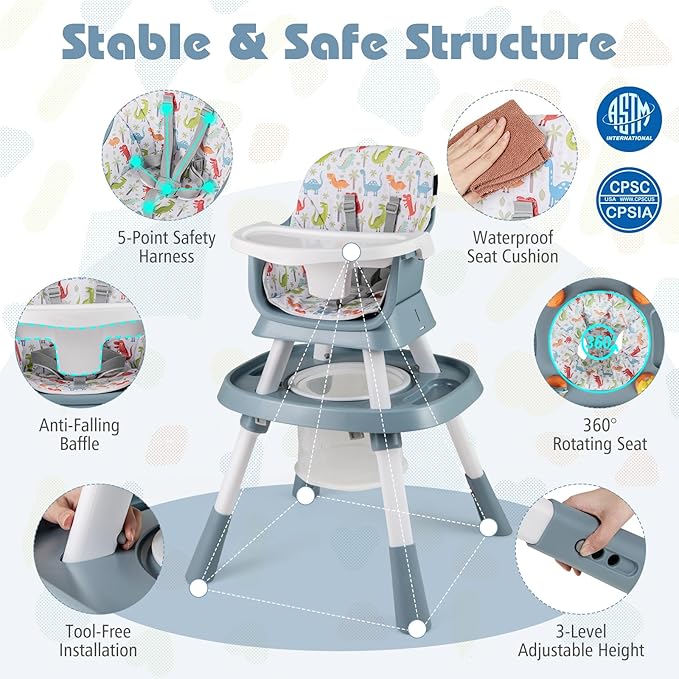 HONEY JOY 16-in-1 Baby High Chair, Convertible Highchair for Babies and Toddlers/Booster Seat/Activity Center with Toys, Building Block Table & Stool, Safety Harness, Removable Cushion & Tray (Blue)