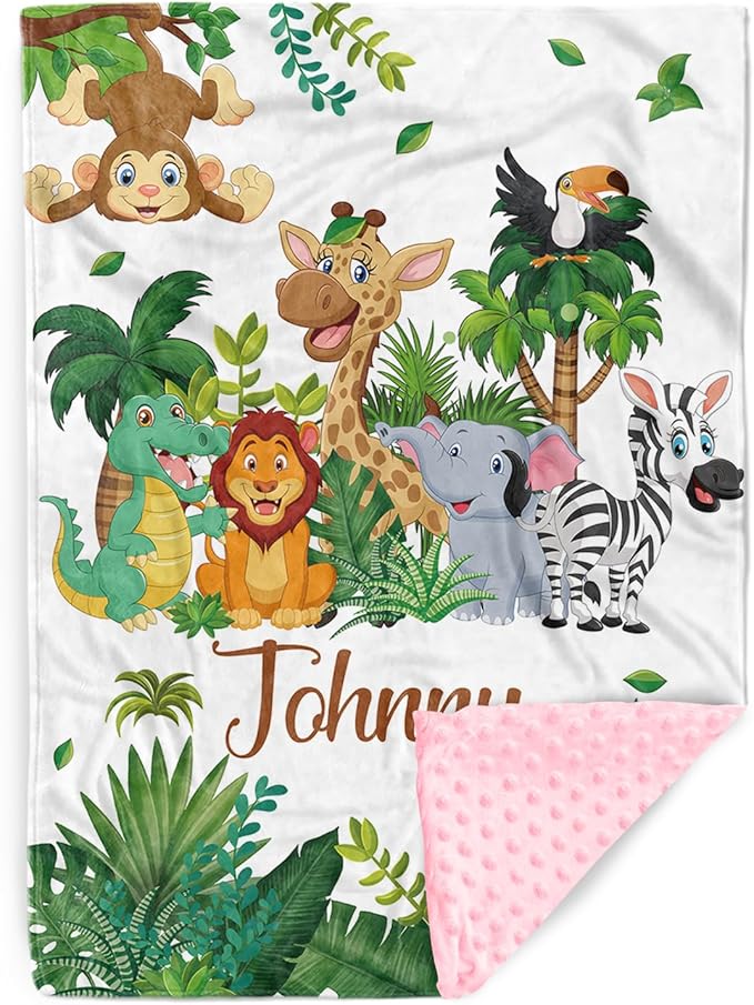 Custom Name Baby Swaddle Blanket – Cozy Flannel with Double-Layer Dotted Backing – Lion and Jungle Theme for Infants and Toddlers