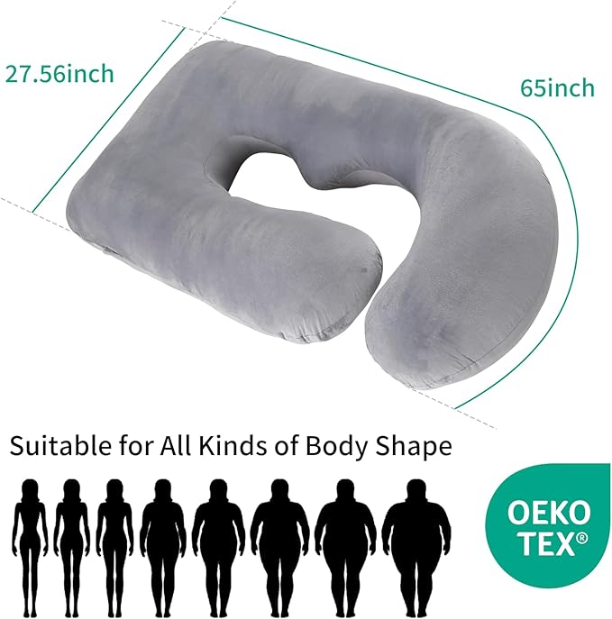 U-Shaped Pregnancy Pillow for Sleeping, Full Body Support for Back, HIPS & Belly -65 Inch Maternity Pillow with Machine Washable Cover | Maternity Essential (Velvet Grey-65inch)
