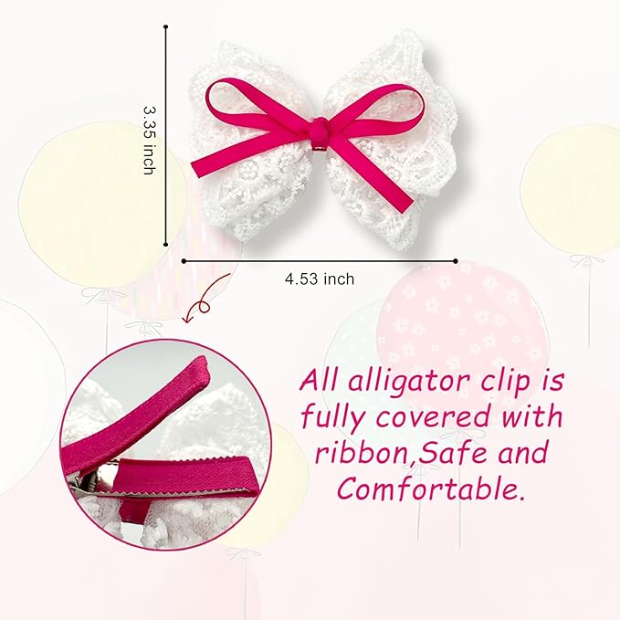 2pcs Lace Hair Bows for Girls, White Lace with Hot Pink Hair Ribbons, Alligator Bow Hair Clips, Handmade Hair Accessories for Girls