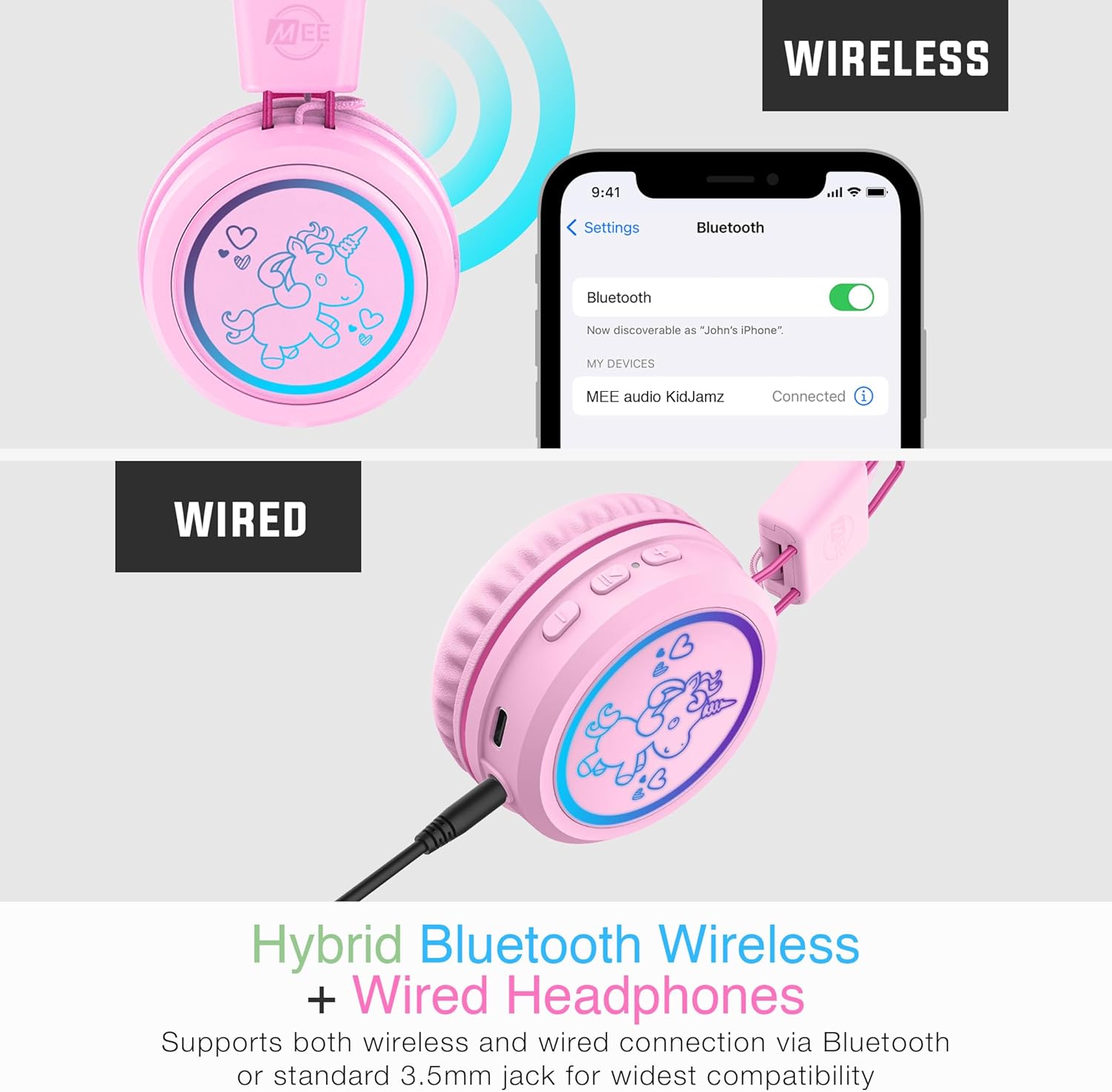 MEE audio KidJamz KJ55BT Bluetooth Wireless Safe Listening Headphones for Children with LED Lights, 85dB Volume Limiter, Microphone, & 40h Battery; Kids Headset for School/iPhone/iPad/Tablet (Pink)