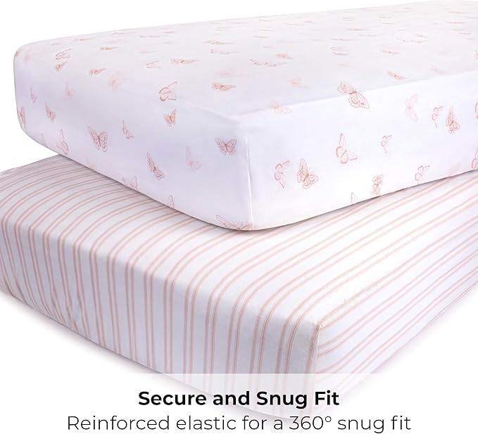 Ely’s & Co. Crib Sheets, Baby Girl Fitted Crib Mattress Sheet Set, 2 Pack, 100% Jersey Knit Cotton, Infant and Toddler Nursery Bedding, Pink Butterfly + Stripes Print, 28” x 52”