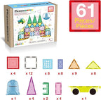 PicassoTiles Magnetic Tiles 61 Piece Magnet Tile Building Blocks Construction Sensory Toy Set with Carry Bag Storage Bin Container STEM Toddler Learning Educational Pretend Play Boy Girl Ages 3+ PT07