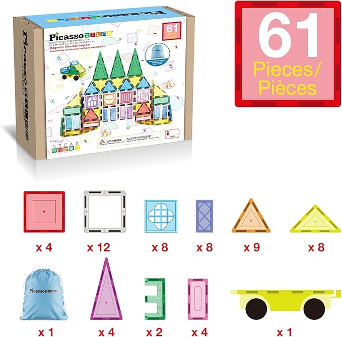 PicassoTiles Magnetic Tiles 61 Piece Magnet Tile Building Blocks Construction Sensory Toy Set with Carry Bag Storage Bin Container STEM Toddler Learning Educational Pretend Play Boy Girl Ages 3+ PT07
