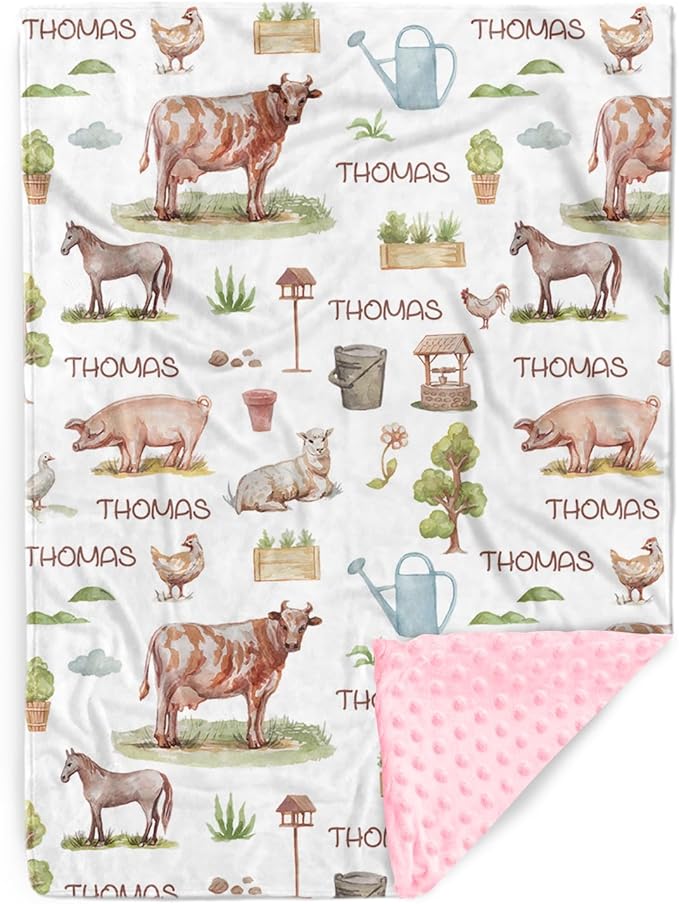 Personalized Baby Blankets for Boys Girls, Custom Name Farm Animals Pattern Baby Blanket, Soft Minky Dot Blanket for Newborns and Toddlers, Ideal for Baby Showers Christmas Brithday Gifts
