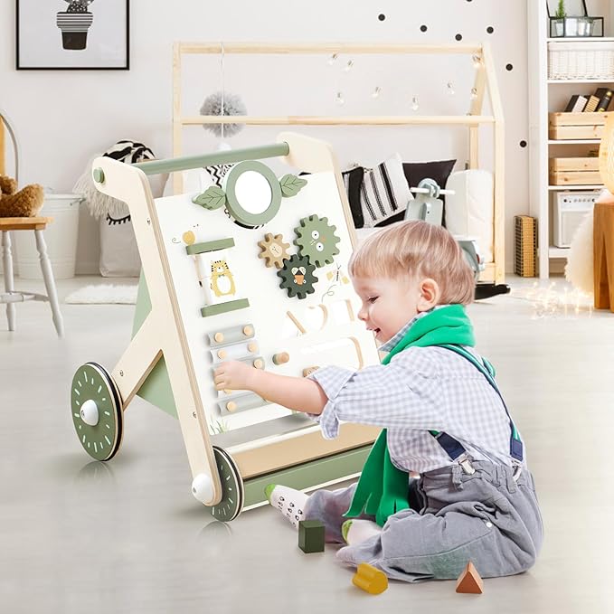 Beright Wooden Baby Walker with Roller Upgraded, Push and Pull Learning Activity Walker, Multi-Functional Kids’ Activity Toys, Develops Motor Skills & Stimulates Creativity, Green
