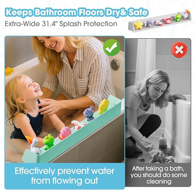 Bathtub Splash Guard for Kids - 31.4 Inch Extra Wide Bath Splash Barrier with 11 Strong Suction Cups, Flexible Silicone Tub Ledge Organizer to Keep Bathroom Floor Dry(Green)