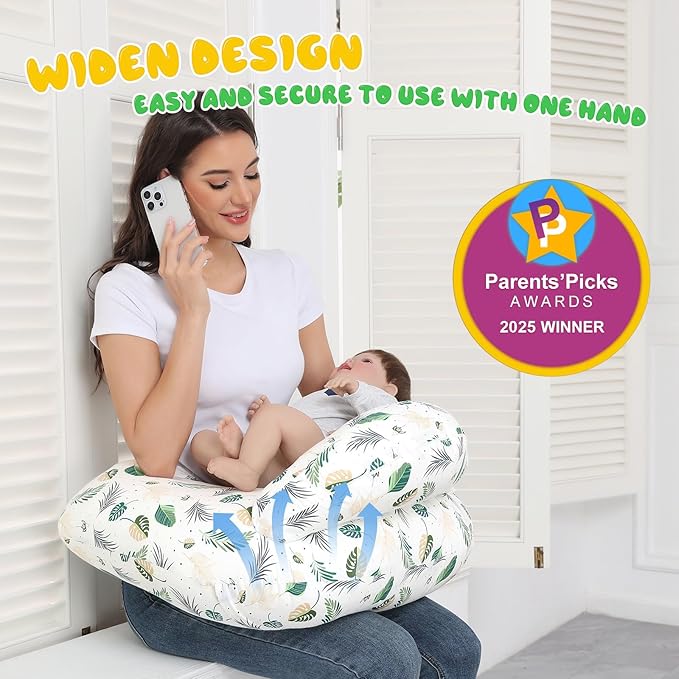 Nursing Pillow for Breastfeeding, Breastfeeding Essentials for Newborn, More Support for Mom and Baby, with Adjustable Waist Strap and Removable Cotton Cover (Green Leaves)