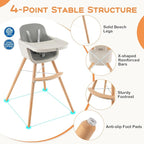 BABY JOY Convertible Baby High Chair, 3 in 1 Wooden Highchair/Booster/Chair with Removable Tray, Adjustable Legs, 5-Point Harness, PU Cushion and Footrest for Baby, Infants, Toddlers (Gray)