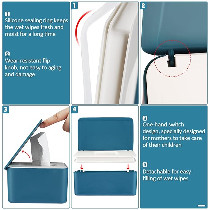 Diaper Wipes Dispenser Wipes Holder, Wipes Tissue Case Keeps Wipes Fresh Tissue Wipes Container with Lid (Blue)