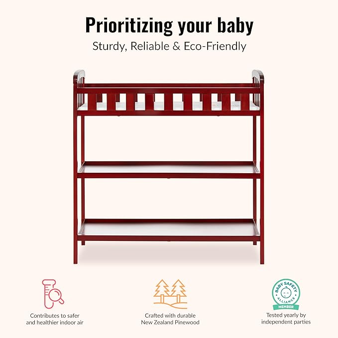 Dream On Me Emily Changing Table, Compact and Portable, Solid New Zealand Pinewood, Safety Rails, Two Storage Shelves, Includes Water-Resistant 1" Changing Pad — Cherry
