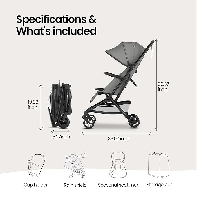 Mompush Velo Lightweight Travel Stroller – One-Hand Fold, Ultra-Compact & Airplane Friendly, Lie-Flat Recline Seat (from Birth to 50 lbs), Includes Cup Holder, Shoulder Strap, and Leather Bumper Bar