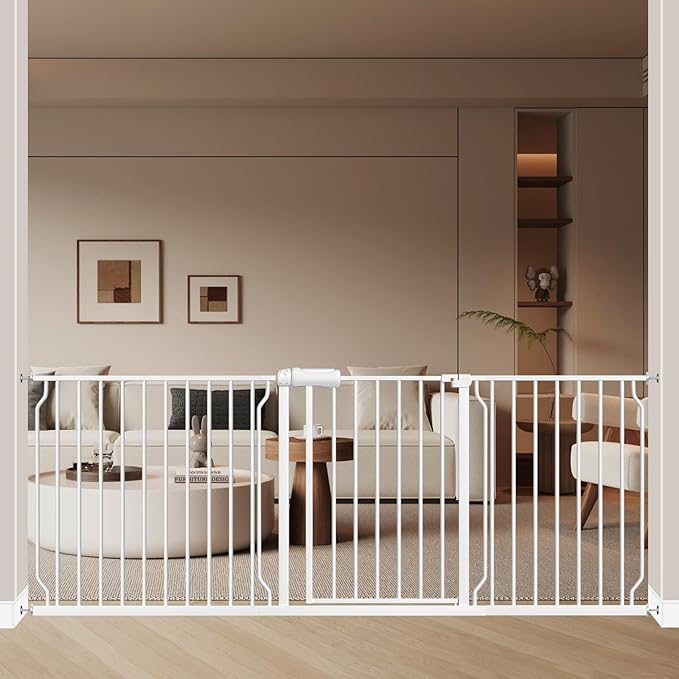ALLAIBB Extra Wide Pressure Mount Baby Gate Auto Close White Metal Child Dog Pet Safety Gates with Walk Through for Stairs,Doorways,Kitchen and Living Room (76.38-81.10"/194-206cm)