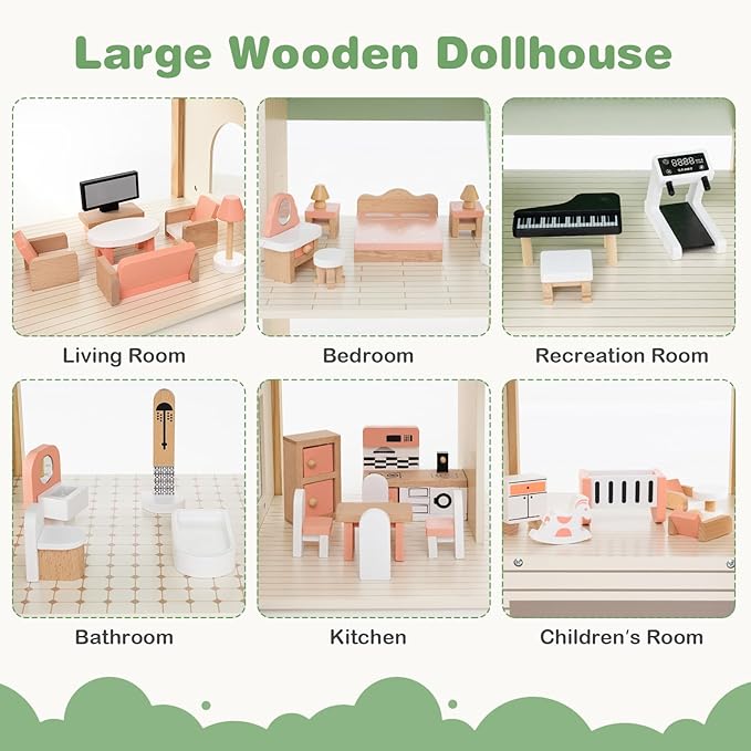Costzon Wooden Dollhouse for Kids, 3-Story Luxury Doll House with 36 Pieces Furniture Accessories, 7 Rooms, Stairs & Balcony, DIY Pretend Dollhouse Playset, Gift for Girls Toddlers Ages 3+ (Green)