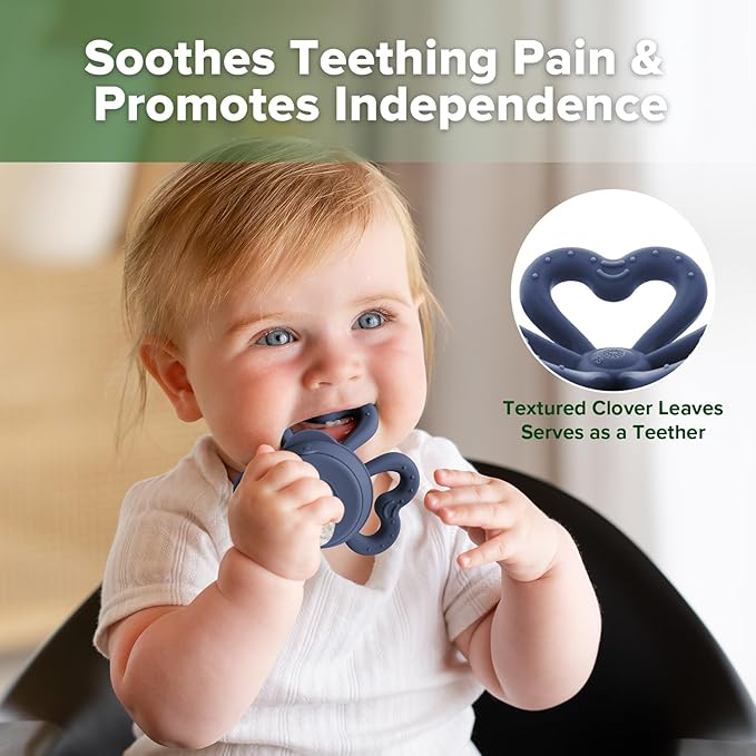 Haakaa Clover Baby Fruit Feeder Teether & Mini Freezer Nibble Tray – BPA-Free Silicone Breastmilk Popsicle Mold for Baby Teething Relief & Self-Feeding, 4M+ (Steel Blue)