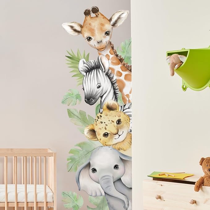 44.88x 15.75 Inch Watercolor Animal Wall Decals Jungle Animal Wall Stickers Tiger Elephant Giraffe Removable Peel and Stick Wall Decals for Nursery Playroom Bedroom Classroom Kindergarten Wall Decor