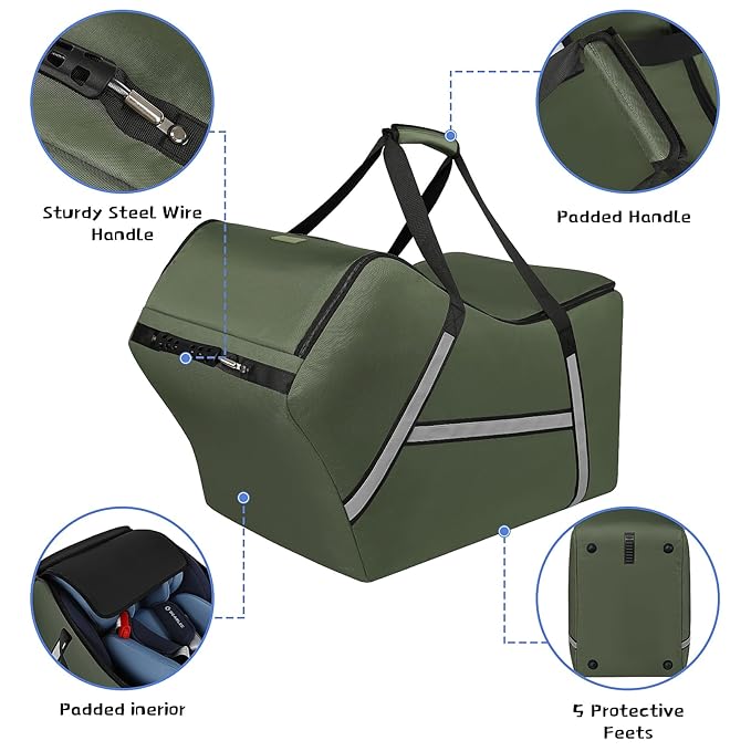 Infant Car Seat Travel Bag for Airplane Compatible with All Nuna Pipa Car Seat and Base,Chicco KeyFit 30 and Base, Padded Car Seat Bags for Air Travel,Car Seat Gate Check Bag with Side Pocket, Green