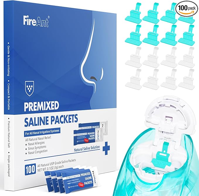 FireAnt 100 Saline Packets and 16 Pack Silicone Saline Pods Refills Set, Compatible with Navage Nasal Care — Includes 100 Count Salt Packets Sinus Rinse + 16 Reusable Salt Pads in White & Blue