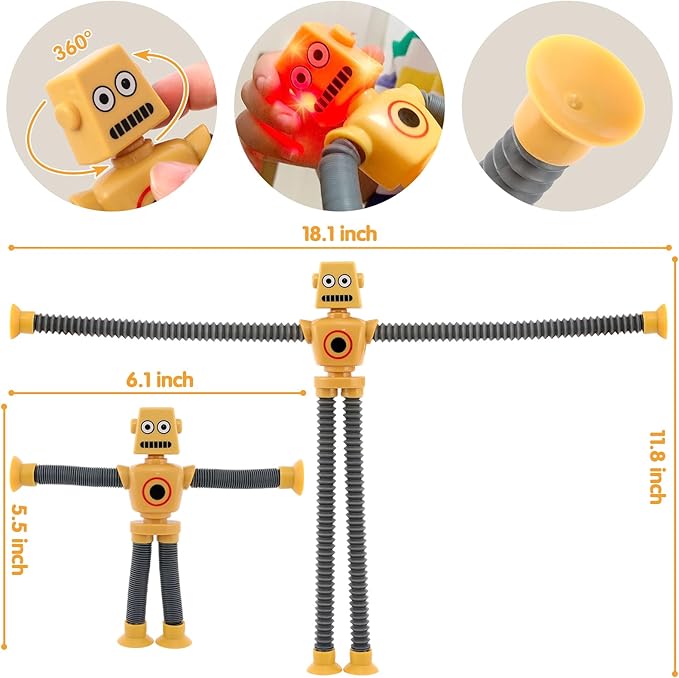 Pop Tubes LED Robot 4 Pcs Light Up Fidget Tubes Sensory Toys Robot Telescopic Suction Cup, Toddler Autism Stress Relief Stocking Stuffers Halloween Party Favors Travel Toys for Kids