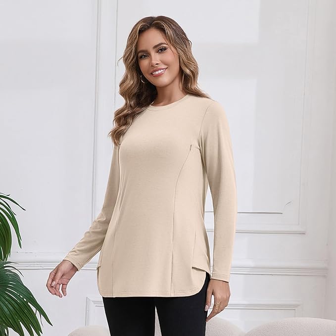 GINKANA Women's Nursing Shirts Long Sleeve 3 Packs Hidden Zipper Breastfeeding Pumping Tops Side Split Maternity Clothes