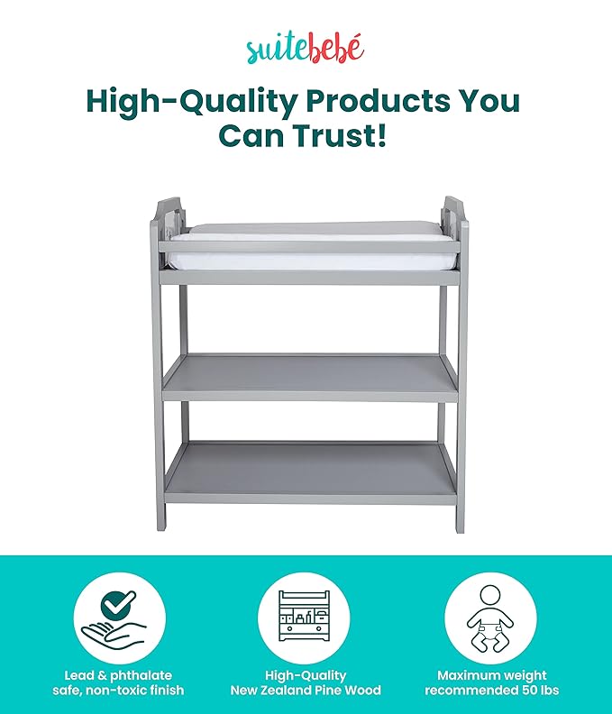 Suite Bebe Celeste Changing Table Safety Rail Included, Light Grey