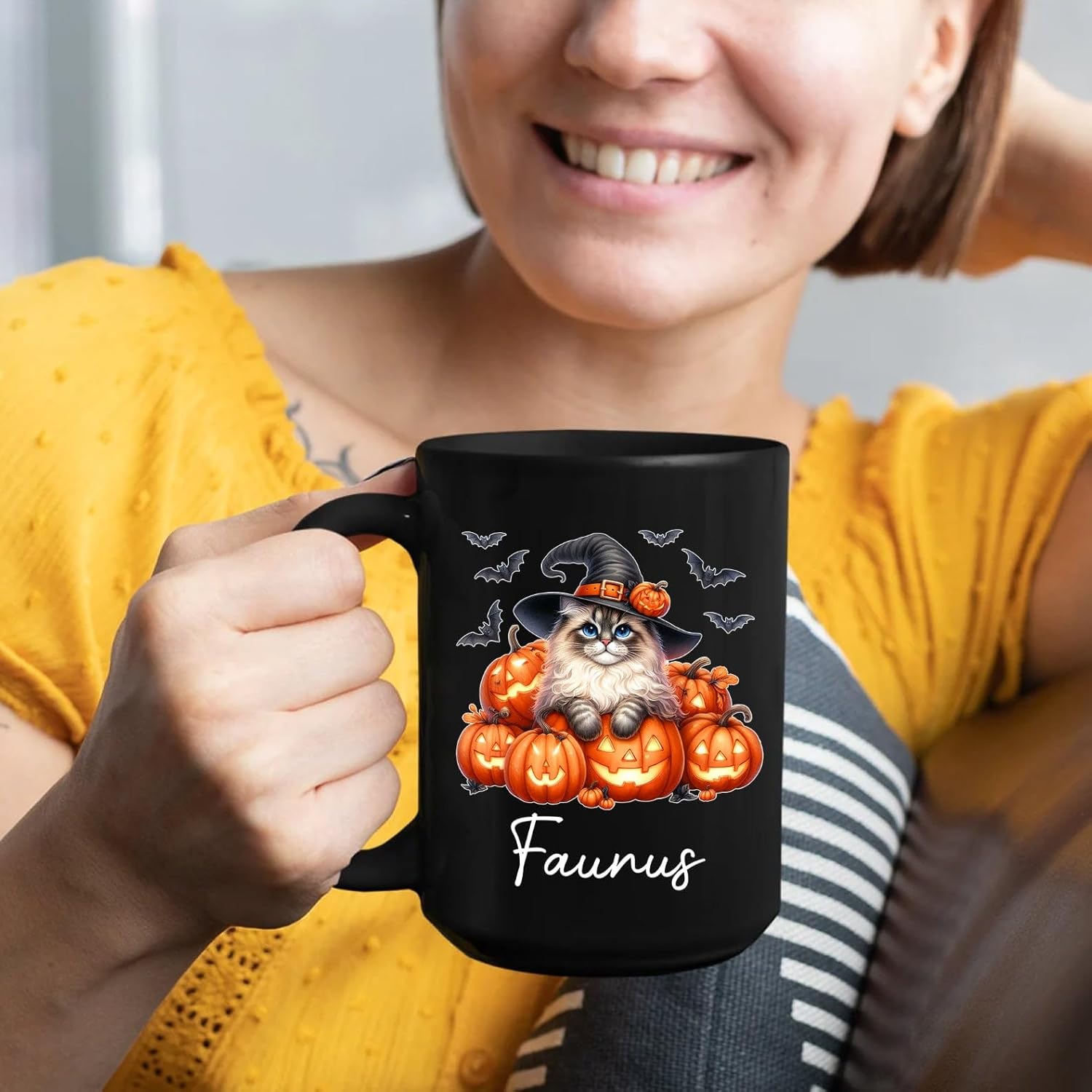 Personalized Ragdoll with Pumpkins Mug Gift for Halloween, Customized Name Ragdoll Witch Hat Coffee Cup, Unique Cat Breeds Ceramic Mug, Cat Dad Mom Halloween Cup, Black Tea Cups 11oz 15oz