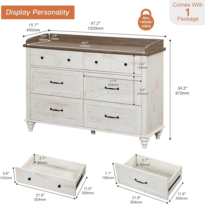 WAMPAT Baby Dresser with 6 Drawers for Kids Room, Antique White Kids Dresser Wooden Double Dressers for Bedroom, Storage Organizer for Children’s Bedroom, Nursery Furniture