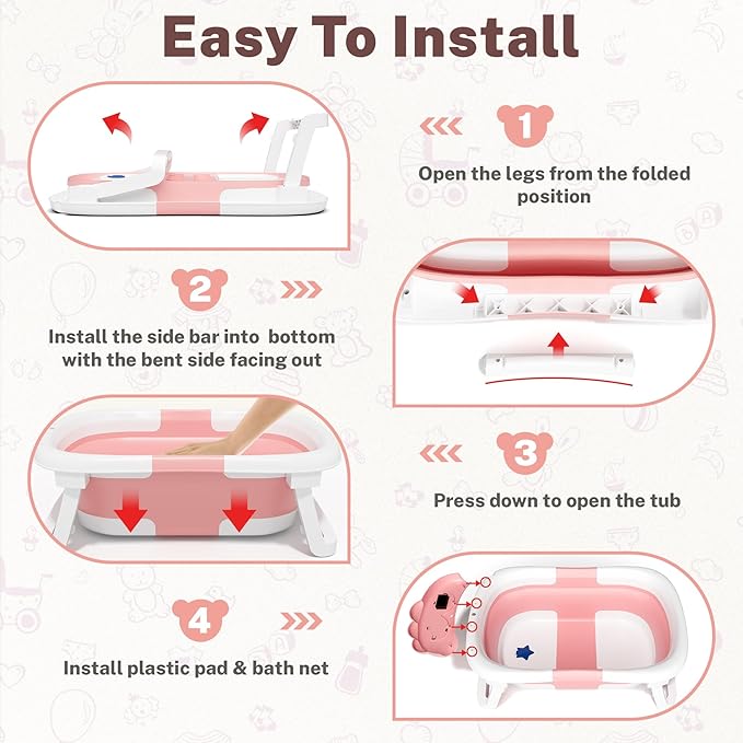 AVIDOR Baby Bathtub,Collapsible Bathtub for Newborn to Toddler,Durable Essential Infant Bath Tub,Portable Travel Baby Tub with Soft Bath Net,No-Slip Feet and Dinosaur Shaped (Pink)