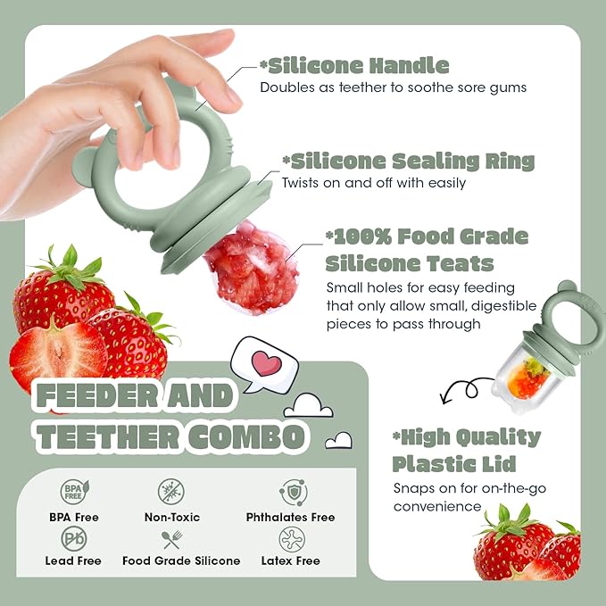 Baby Fruit Food Feeder & Breastmilk Popsicle Molds for Teething Relief, Baby Feeding Sets, 1 Freezer Tray with Lid & 1 Teether Toy & 1 Silicone Teething Pacifier Feeder, Extra Food Pouches (Green)