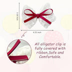2pcs Lace Hair Bows for Girls, White Lace with Burgundy Hair Ribbons, Alligator Bow Hair Clips, Handmade Hair Accessories for Girls