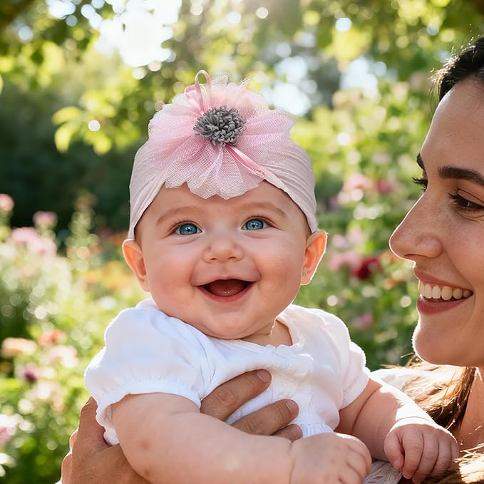 Baby Girls Sunflower Headbands, 3 Pack Baby Hairband Hair Bows Lace and Stretchy Elastic Accessory for Newborn Infants Toddlers (Purple+Blue+Pink, One Size(Stretchy))