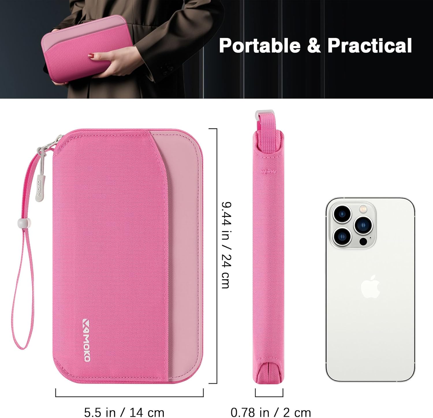 MoKo Passport Holder Family for Men and Women, RFID Travel Passport Wallet with Multiple Compartments, Travel Document Organzier for Cards, ID, Tickets, Keys, Pink