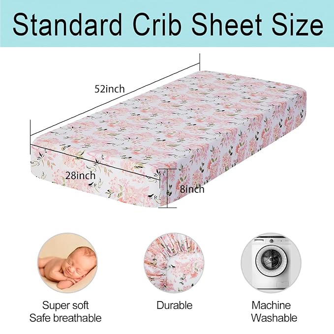 Bimocosy Crib Sheets 4pk, Size 28"x 52" for Standard Crib and Toddler Mattresses, Breathable Microfiber Crib Mattress Sheet, Floral/Ele/Pink/Green