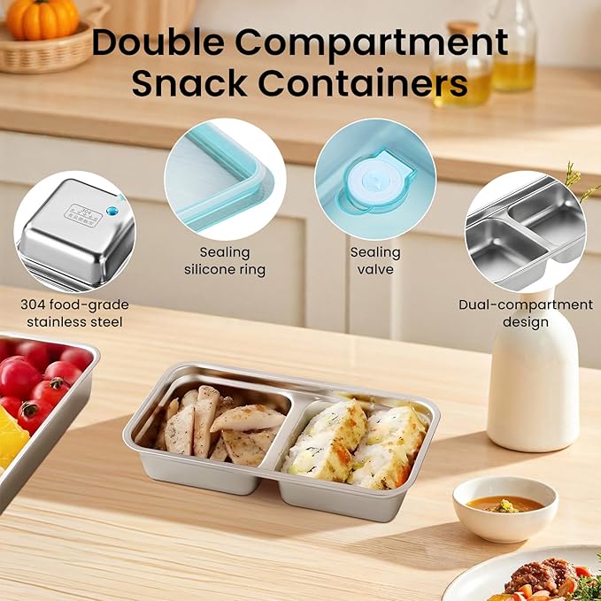4 Set Reusable Snack Containers with Lids,2 Single and 2 Double Compartment Stainless Steel Snack Food Containers,for Snacks Dips Travel and Outdoor