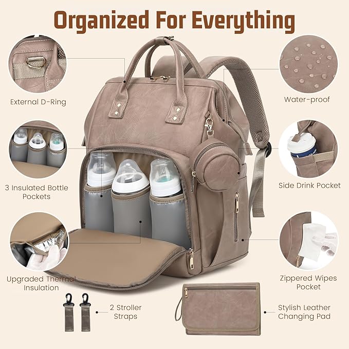 Premium Vegan Leather Diaper Bag Backpack with Waterproof Changing Pad – Reinforced Stitching & Zippers, Baby Bag for Boy Girl, Stroller Straps, Ergonomic Design for Traveling Moms, Taupe