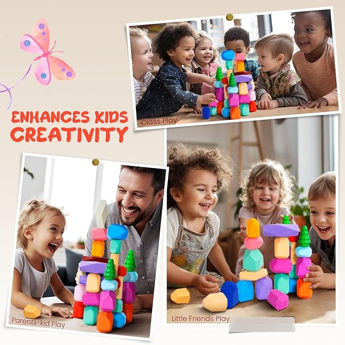 Wooden Stacking Rocks - 40 Pcs Montessori Sensory Learning Toys for Kids 3-9 | Balance Building Blocks Educational STEM Toys for Boys Girls